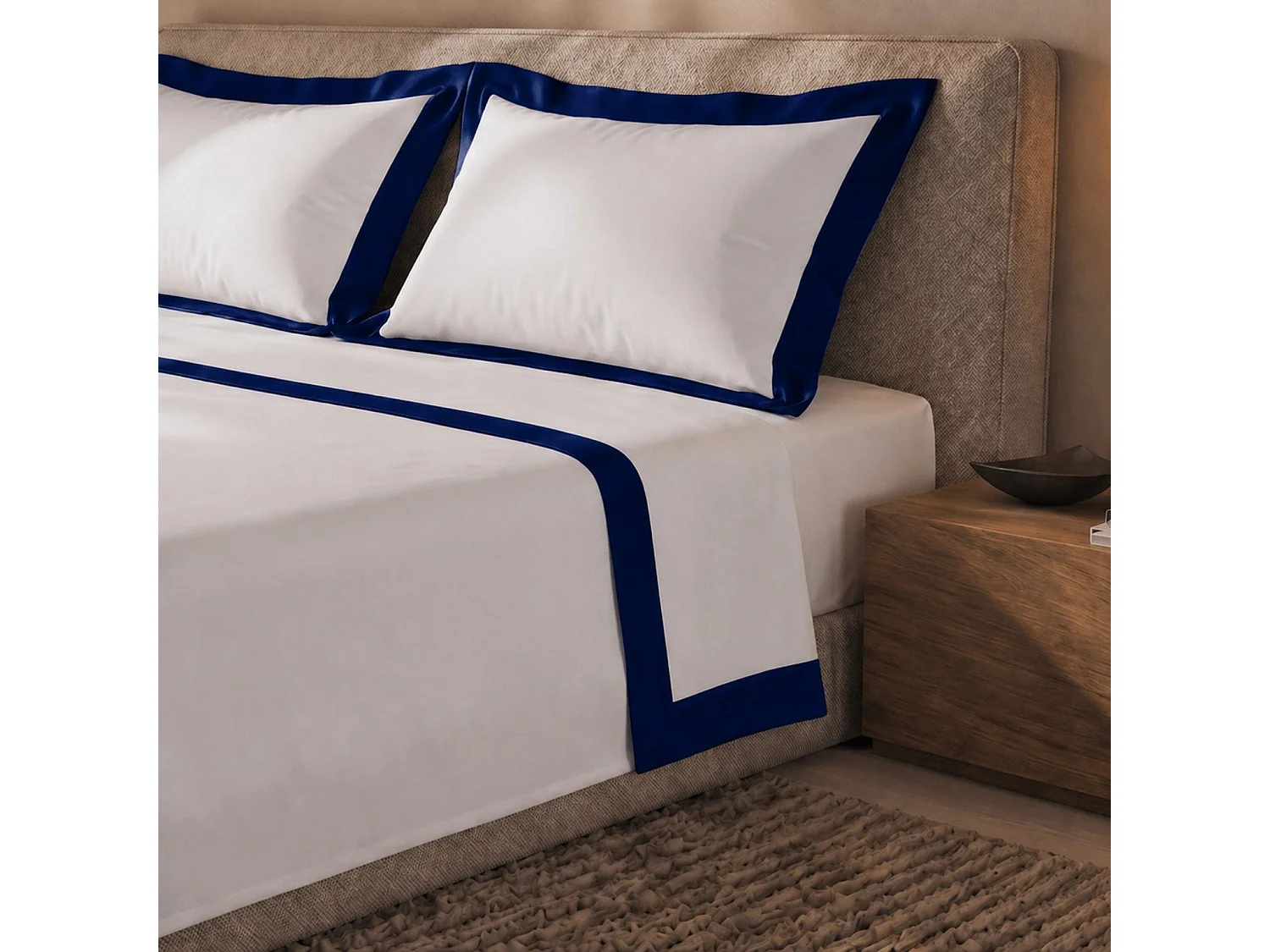 Bettwäsche-Set Einzelbett 100% Baumwolle mit Satin-Bordüre Blau