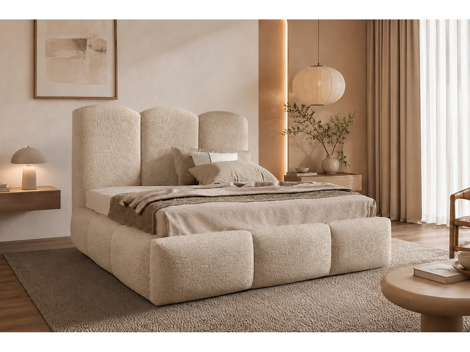 Polsterbett mit bettkasten, Bouclé-Stoff Baloo, Beige, 160x200 cm, BERO
