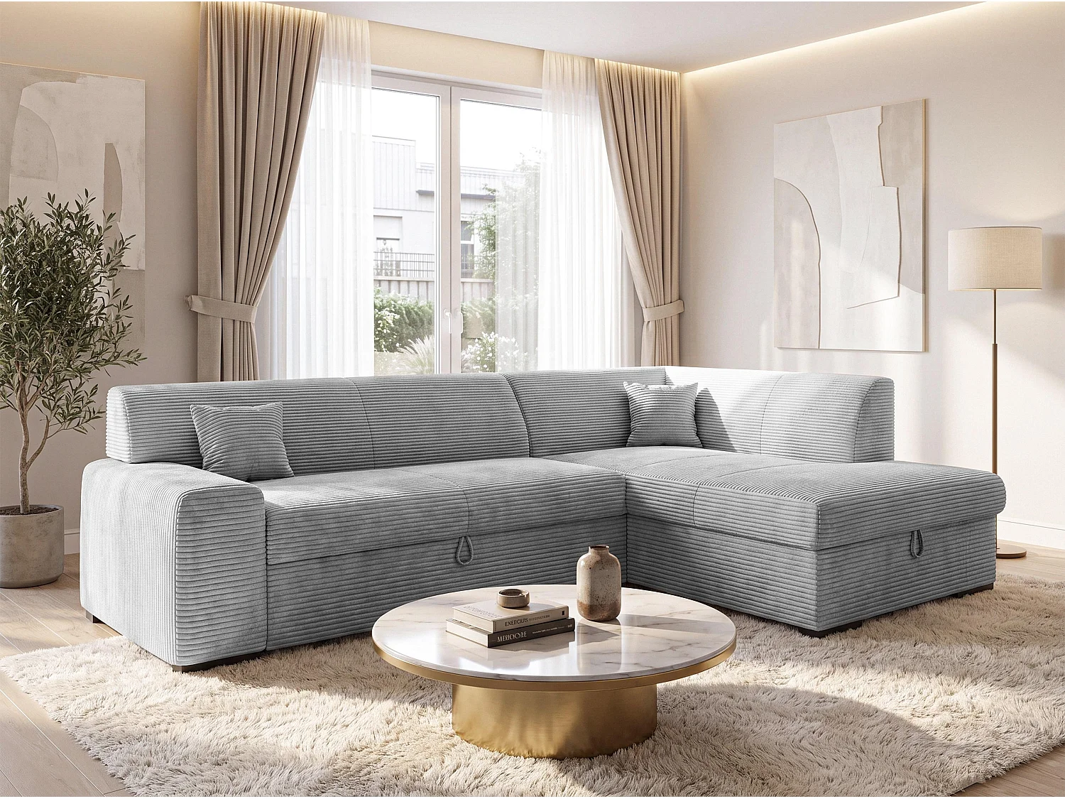 AX LIVING Couch Hellgrau Lucera 260 cm Schlafsofa mit Bettkasten R