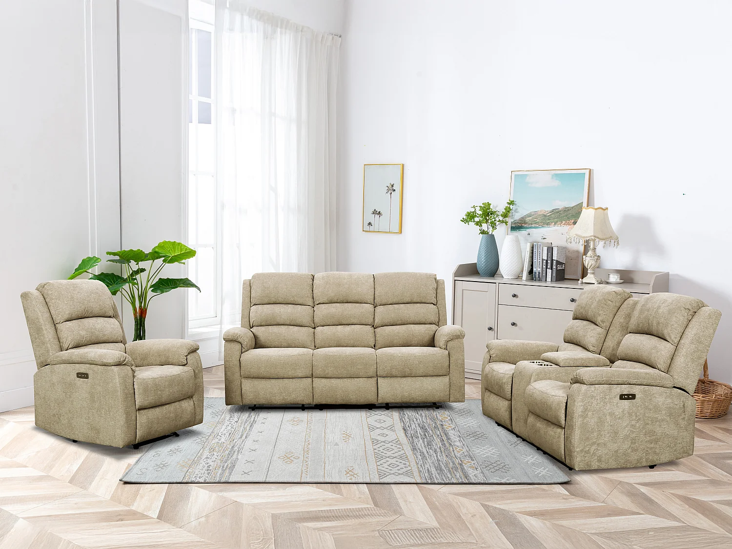 Couchgarnitur mit elektrischer Relaxfunktion 3+1 - Stoff - Taupe